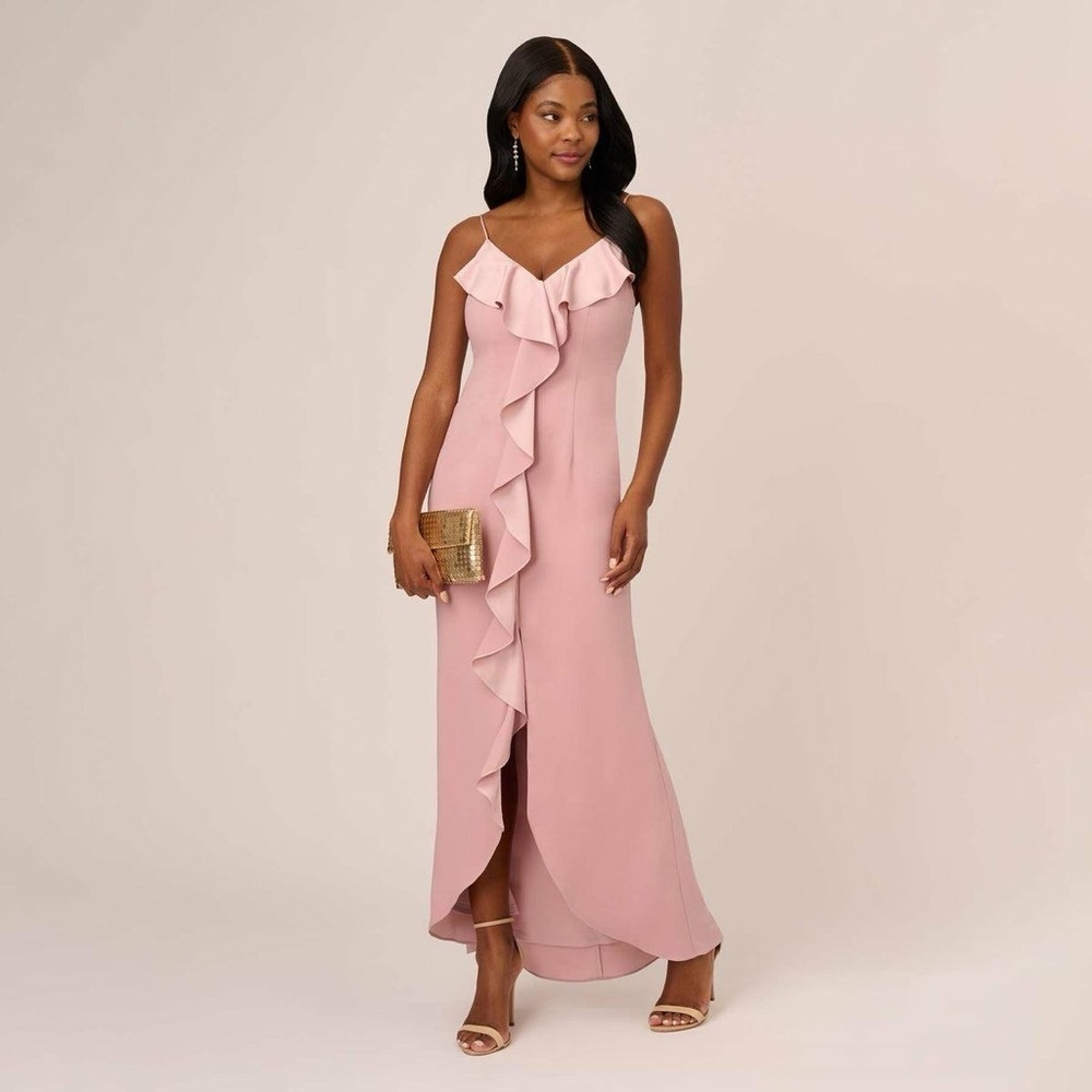 Adrianna Papell Satin Crepe Ruffle Front Long Gown In Steel Rose